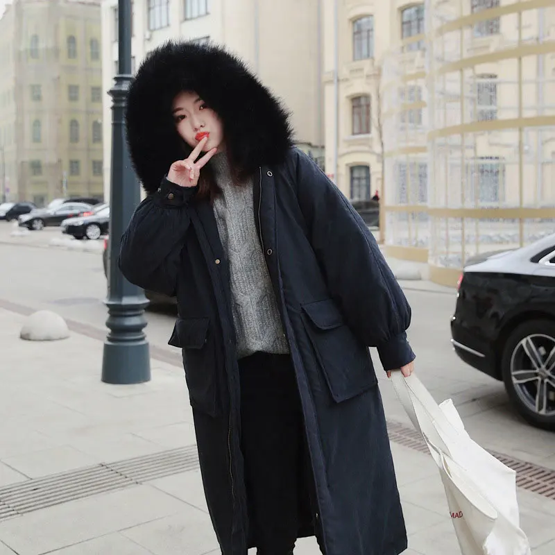 black Пальто с мехом большого размера, зимнее пуховое пальто с капюшоном, Женская куртка, длинная Теплая стеганая парка с хлопковой подкладкой, с большим карманом, ветровка с рукавами - Цвет: black