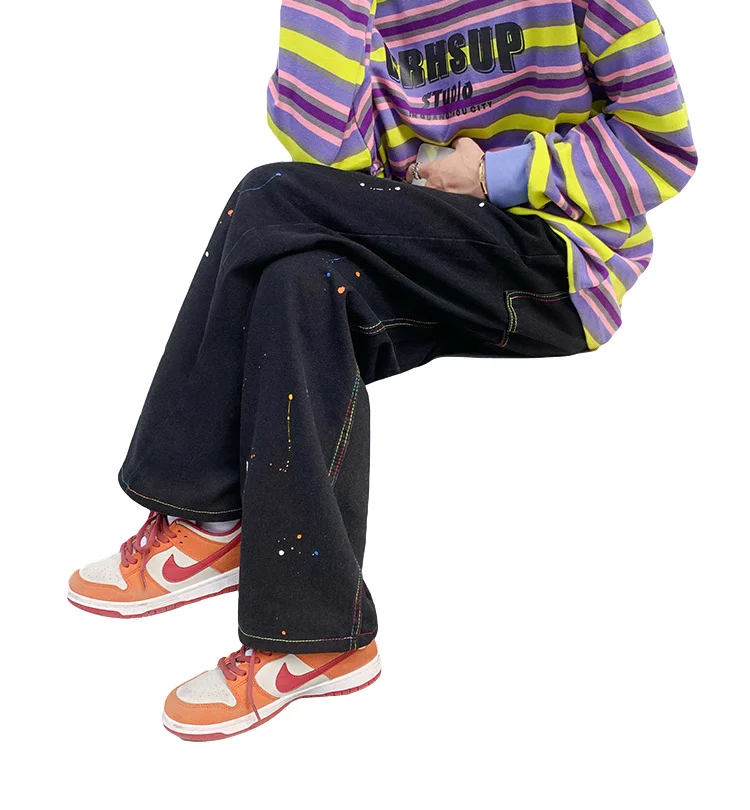 Брюки мужские в стиле хип-хоп свободные прямые широкие весна-осень джинсы с