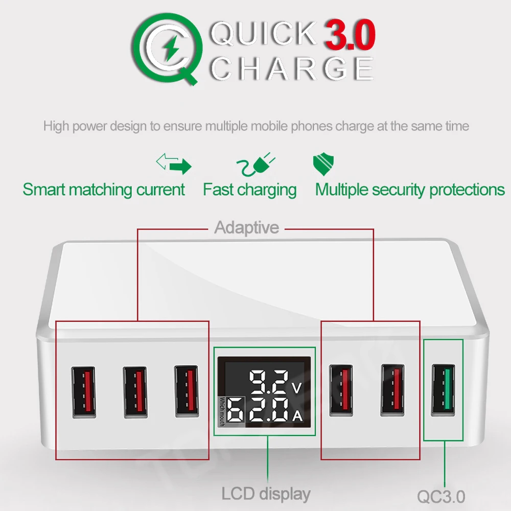 

6 Ports USB Charger QC 3.0 Fast Charging Smart LCD Digital Display Multi-Port Travel Charger Station Quick Charge USB Charging