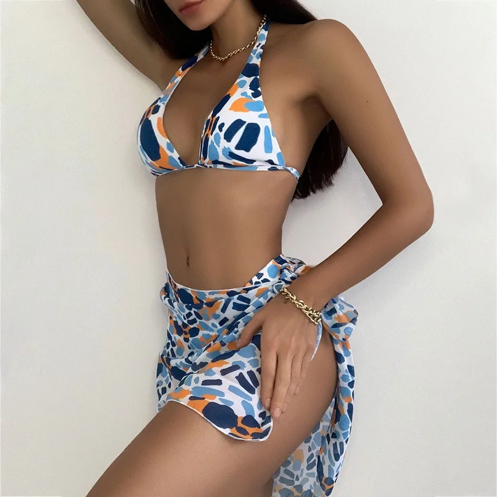 

Women Sexy Leopard Bikini With Skirt Halter Swimwear 3 Piece Sets Summer Swimsuit Mesh Bathing Suit Halter Bikinis Beachwear
