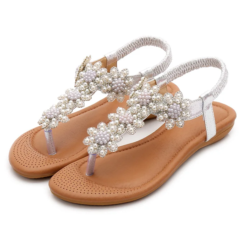 

Богемные сандалии, летние босоножки с жемчужинами и стразами на плоской подошве, женские модные туфли в елочку