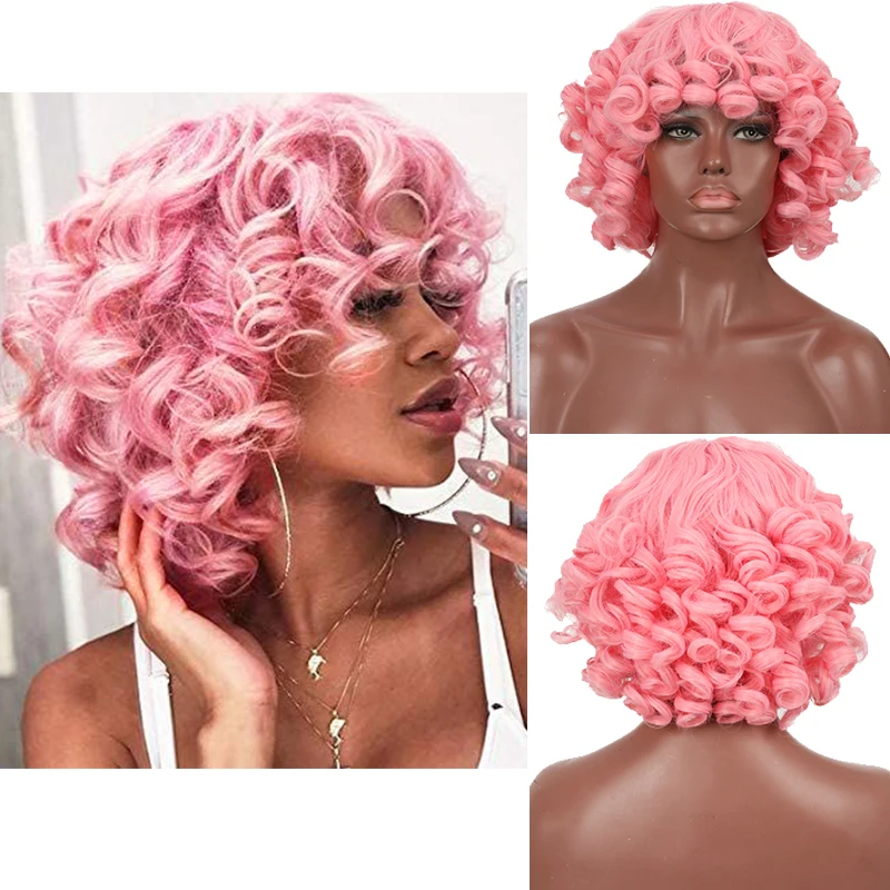 

XUANGUANG Short Hair Afro Kinky Curly Wigs With Bangs For Black Women Synthetic African Ombre Glueless Cosplay Wigs Daily Wear