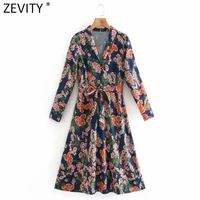 zevity women vintage v neck flower print sashes kimono dress female long sleeve side zipper vestido chic a line dresses ds4809
