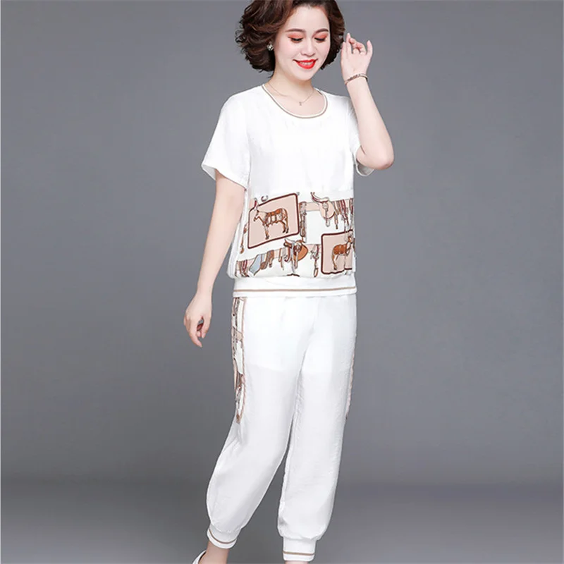

Fashion Middle Aged Lady Sets Summer Cotton Tracksuit Two Piece Mother Casual Wear Female Suit Pants Set 6XL