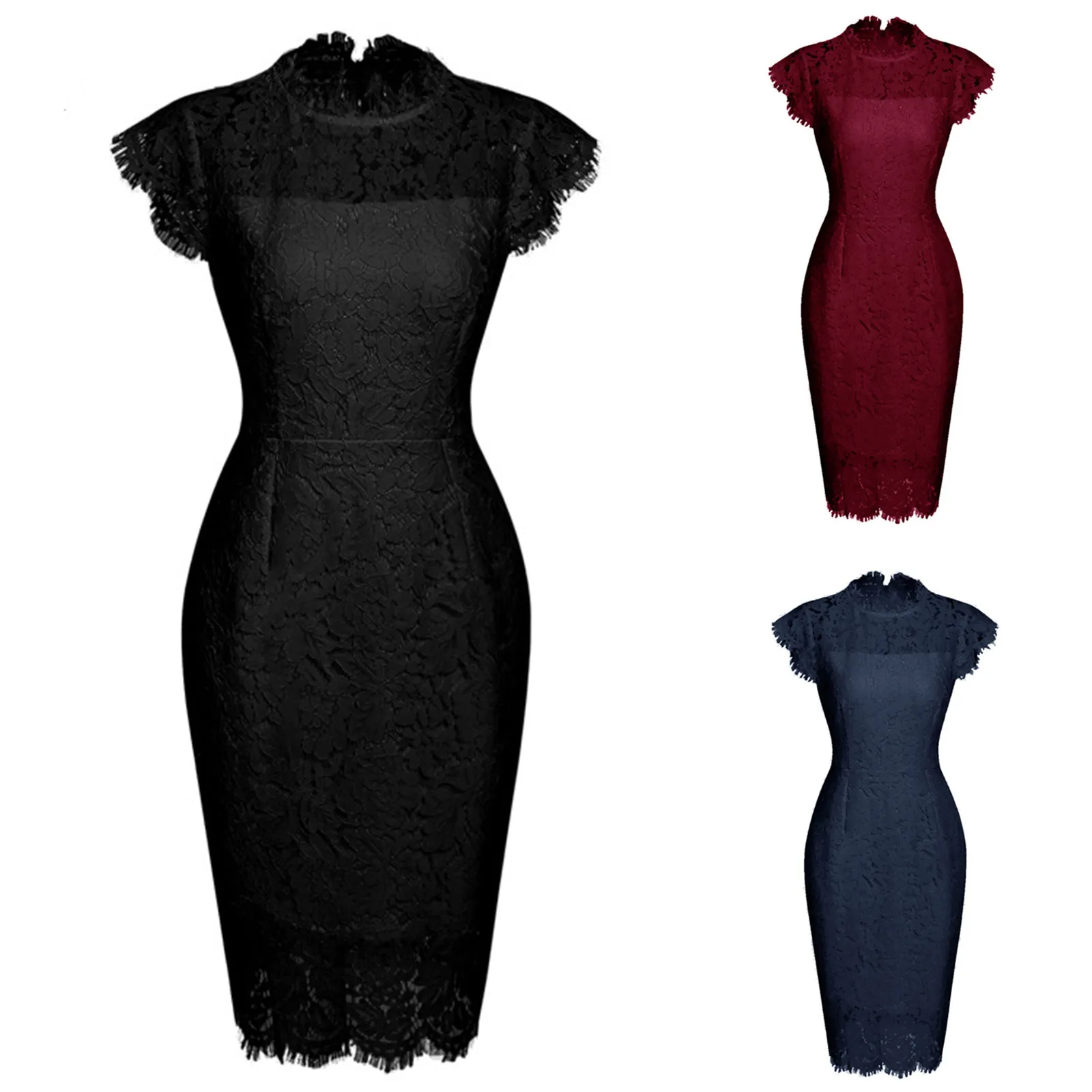

Ladies Summer Strapless Evening Dress Fashion Sexy Retro Solid Color Round Neck Lace Short Sleeve Slim Dress 2021hot Платье