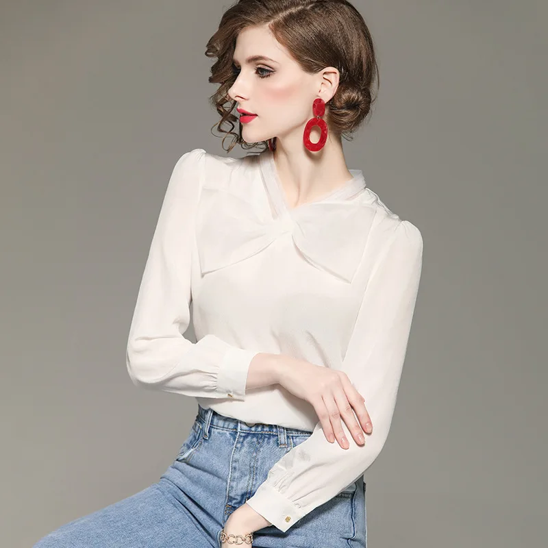 Womens Tops and Blouses Spring Summer Long Sleeve Shirts Elegant Streetwear Chiffon White Office Ladies Blouse LWL1683