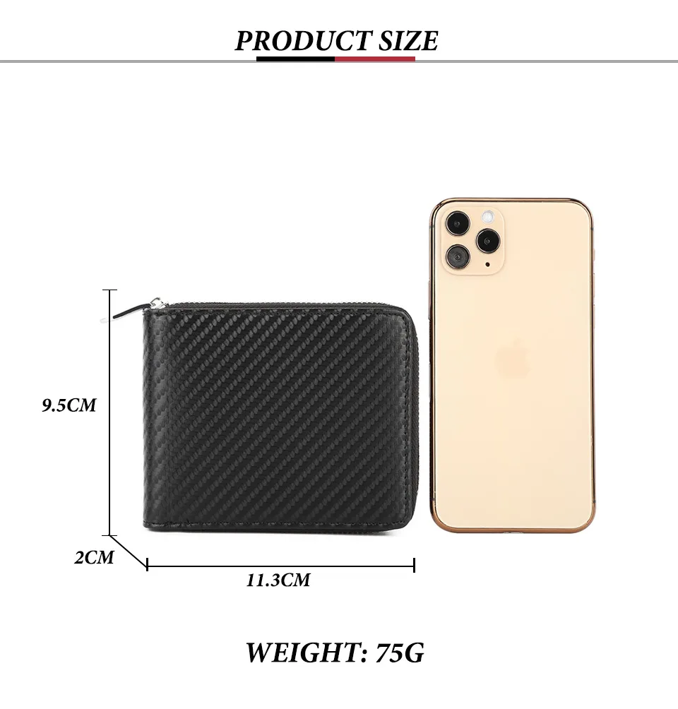 

Male Carbon Fiber Pattern Genuine Leather Wallet RFID Blocking Purse Wallet Zipper Business Credit Card Holder Men High Quality