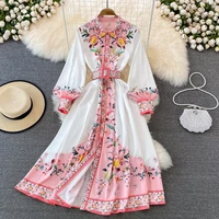 boho vintage floral print midi dress 2022 spring elegant womens shirt collar long lantern sleeve single breasted dresses m62111