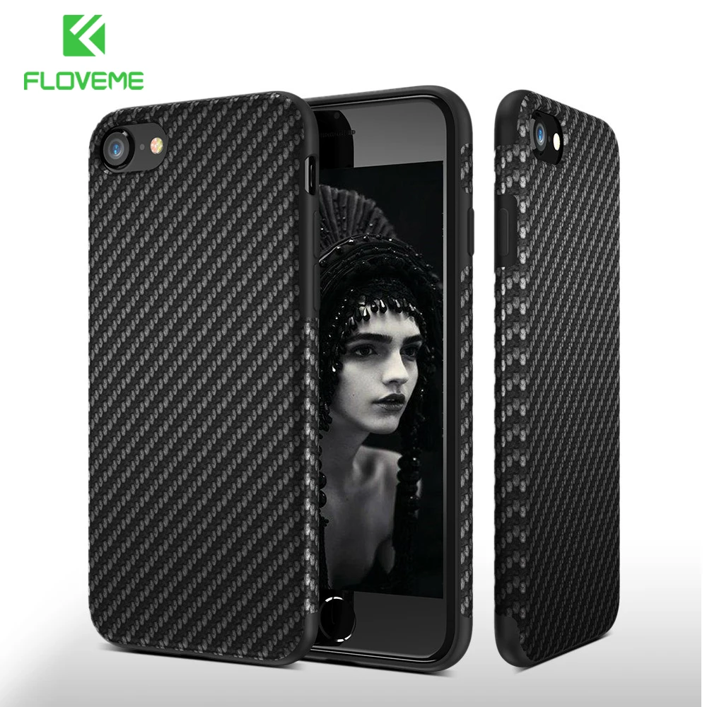 FLOVEME чехол из углеродного волокна для iPhone 7 Plus твил шаблон оболочки ТПУ + PU мягкие