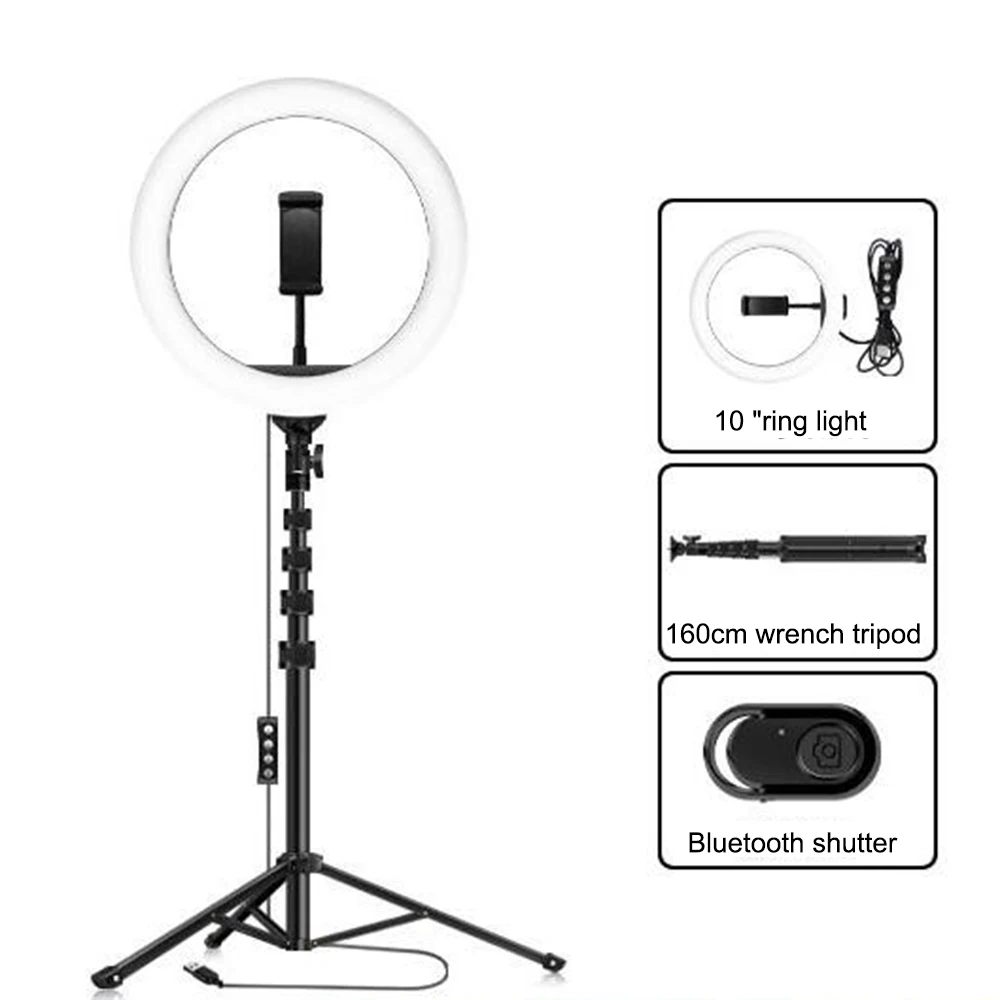 

1.6m 10inch Selfie Ring Light With Tripod Stand Phone Holder For Live Streaming Makeup Video Dimmable Beauty Ring Light