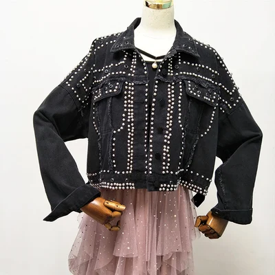 Black Gagarich Осенняя Женская Harajuku красная джинсовая куртка пальто Тяжелая ручная расшитая бисером заклепка короткая черная джинсовая куртка Студенческая Базовая куртка наряд - Цвет: Black