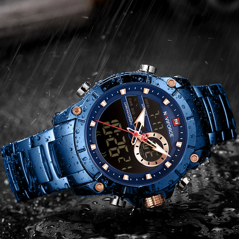 NAVIFORCE мужские часы цифровые спортивные часы Relogio Masculino кварцевые часы ремешок из нержавеющей стали многофункциональные наручные часы для мужчин