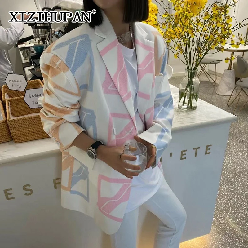 

XIZIHUPAN Casual Printed Blazer For Women Notched Long Sleeve Korean Fashion Tide Hit Color Loose Blazers Female 2021 Spring New