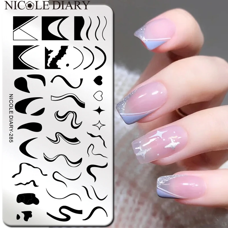 

Трафареты NICOLE DIARY для дизайна ногтей, штамповочные пластины с французским сердцем и звездами, полосатые линии, трафареты для ногтей, цветок, ...
