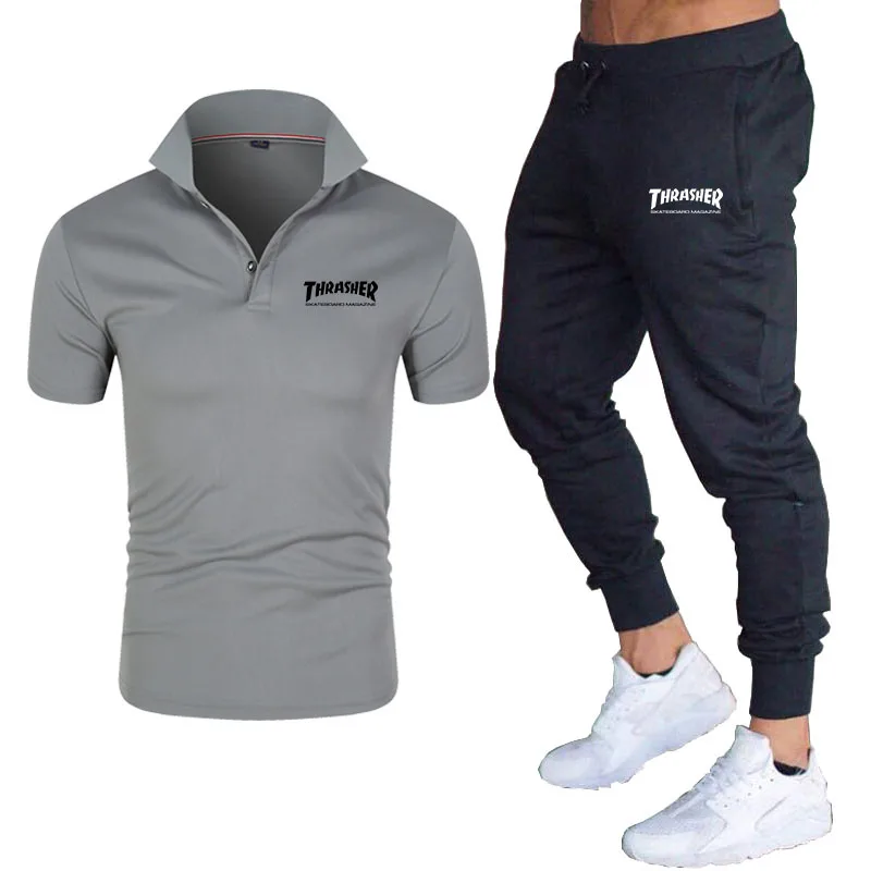 

2021 New Tracksuit Men Sets Summer 2 Pieces Sportswear Set+ Gym Fitness Sporttrousers Casual Letter Printing Polo Sweat Suit