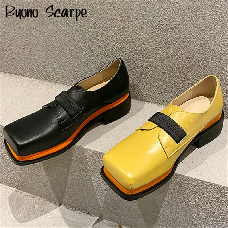 

Square Big Toe Single Shoes Slip On Chunky Heel Women Loafers Fashion Casual Pumps Real Leather Novelty Shoes Retro Ladies Heels