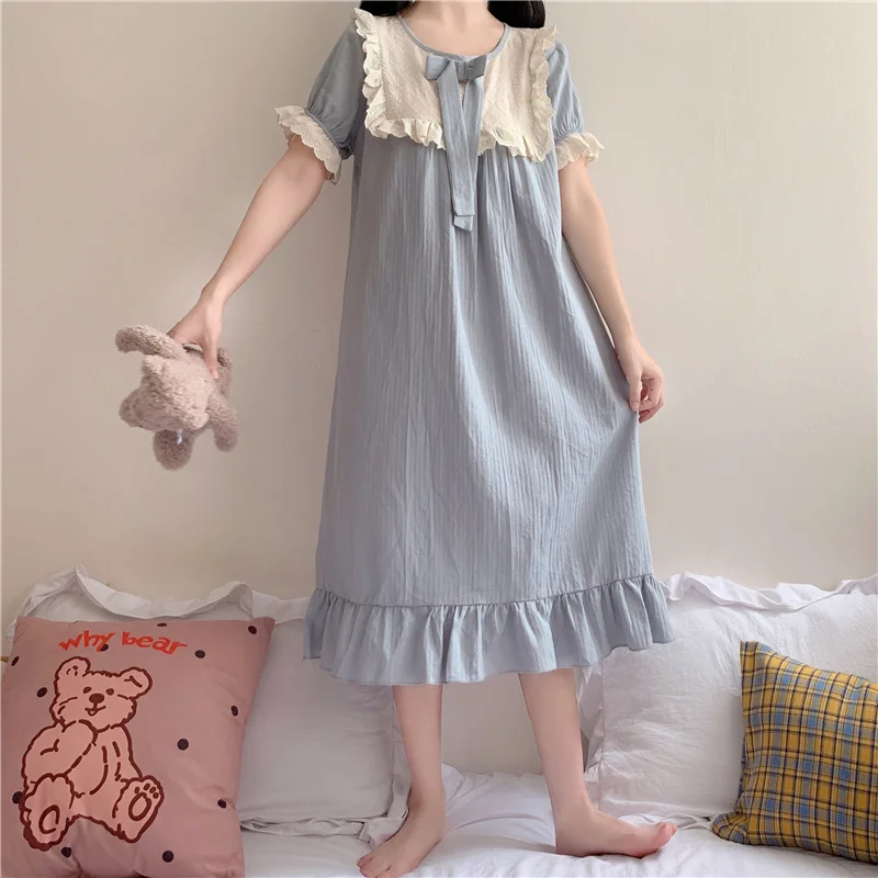 

Harajpee Japanese Nightgowns 2021 Women Summer New Sweet Lace Short Sleeve Home Clothes Loose Casual Chic Comfortable Sleepderss