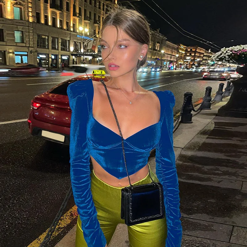 

Velvet Square Collar Womens Tops and Blouses Fashion Blue Shirts Blouse V-Neck Slim Elegant Cropped Top Sexy Club Party Wear