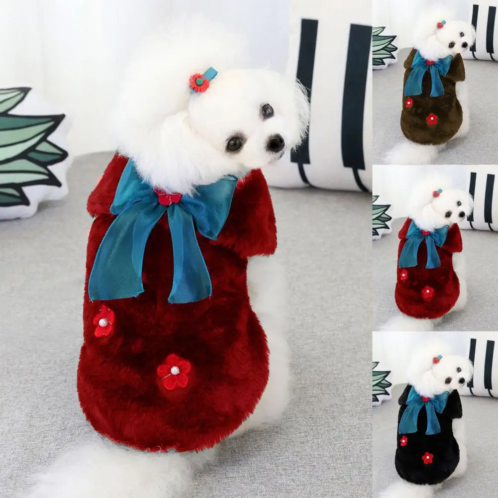 Nice-looking Pet Coat Red Flower Decor Close Fitting Puppy Two-leg Thickened Jacket Outfit Dog Outerwear Vest | Дом и сад