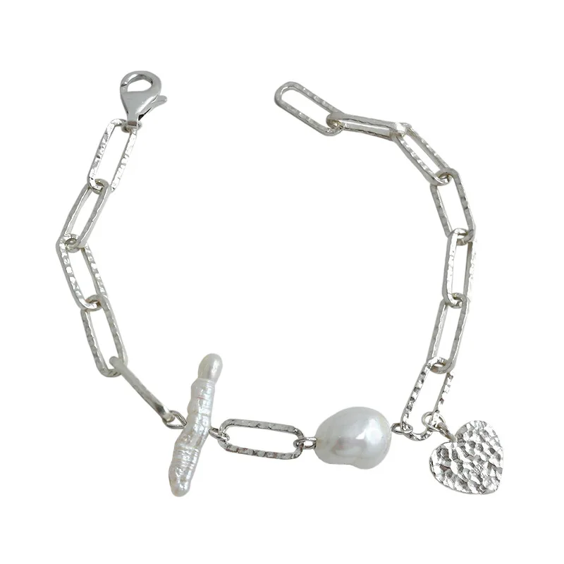

Korean Style 925 Sterling Silver Bracelet Ins Elegant Design Sense Non-Mainstream Baroque Freshwater Pearl Chain Bracelet Female