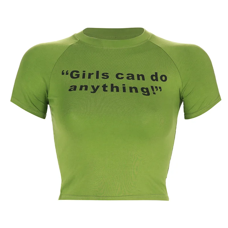 

2020 Summer New Navel Short Shirt Tight Round-Collar Letters Printed Girl T-shirt Cotton Casual Letter Regular Broadcloth