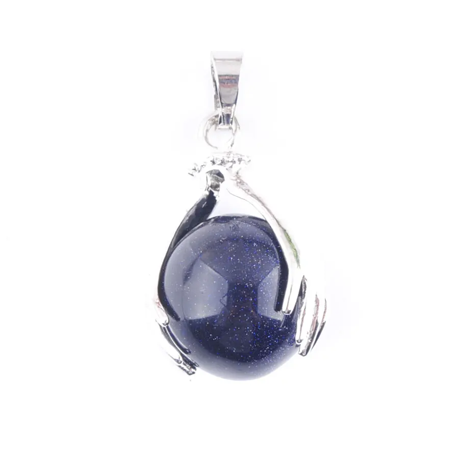 

WOJIAER Natural Crystal Palm Pendant Mineral GemStone Blue Sand Round Ball Bead For DIY Men Female Necklace Jewelry N3150