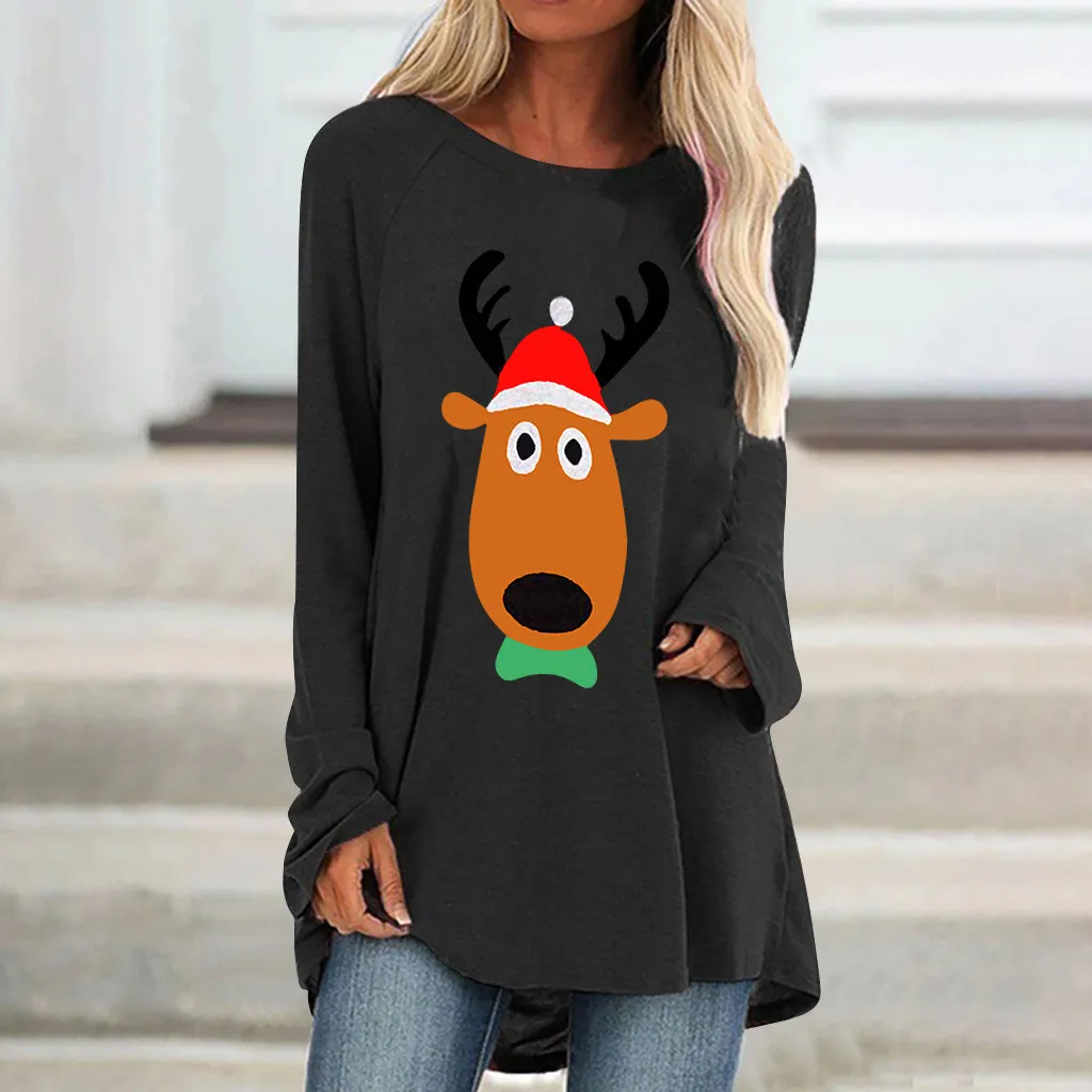 S-3xl Женская мода Рождество Повседневный с принтом оленя круглый вырез Свободный