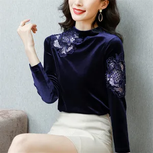 Женская бархатная футболка с длинным рукавом, с кружевом