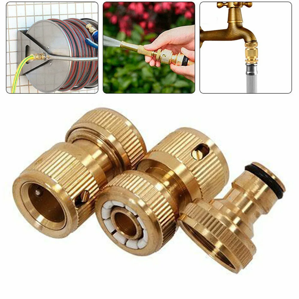 

3Pc Brass Quick Connector Tap Set Garden Kit Water Hose Lock Fitting Tool Metal Gardening Accessories