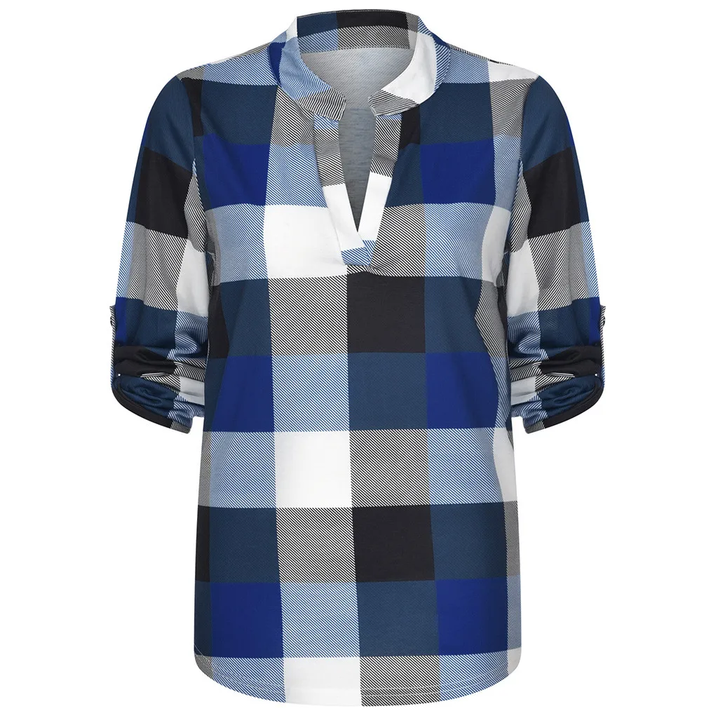 Женская Повседневная клетчатая рубашка из хлопка с длинным рукавом и v-образным