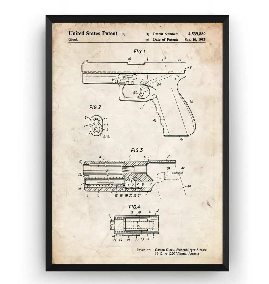 Винтажный патентный пистолет Glock 1985 настенный военный каркас плакат холст печать