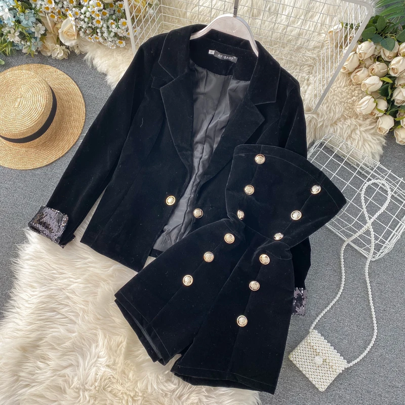 2020 новый модный весенний черный бархатный пиджак + комбинезон на груди комплект