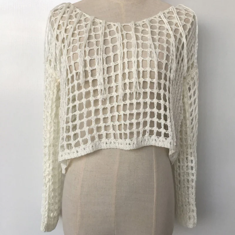 Женская Пляжная накидка Солнцезащитный цельный халат туника с бахромой