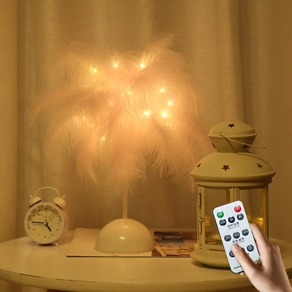 Настольная лампа с перьями и пультом дистанционного управления креативный