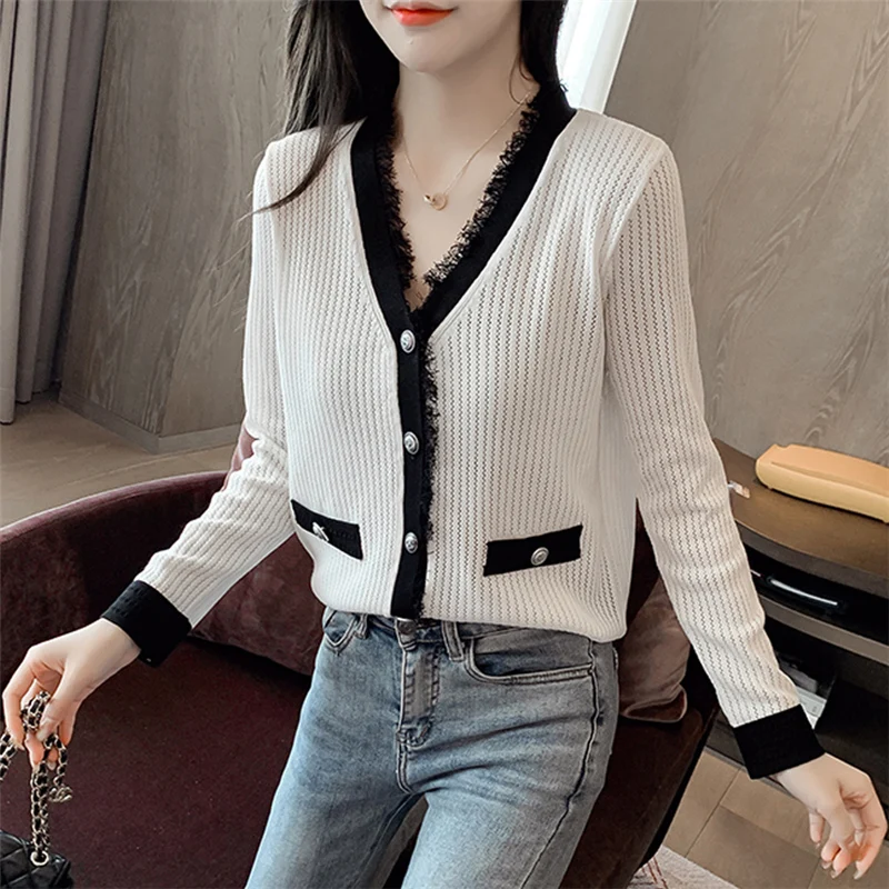 

20350 (3 room 12 ranked no. 3) the film web celebrity figure ice hemp v-neck lace color matching knitting cardigan 33