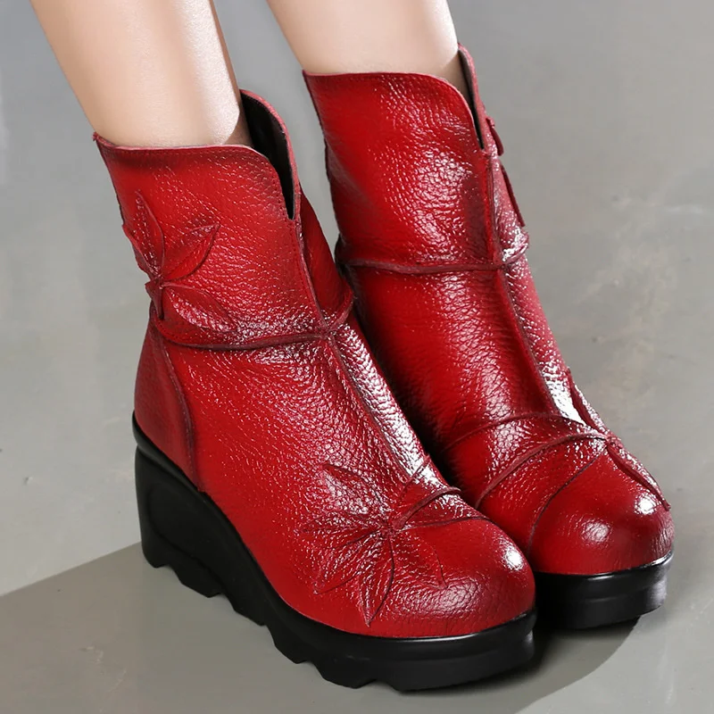 

beautiful national style, thick bottomed muffin short boots, leather slope heel high-heeled boots,