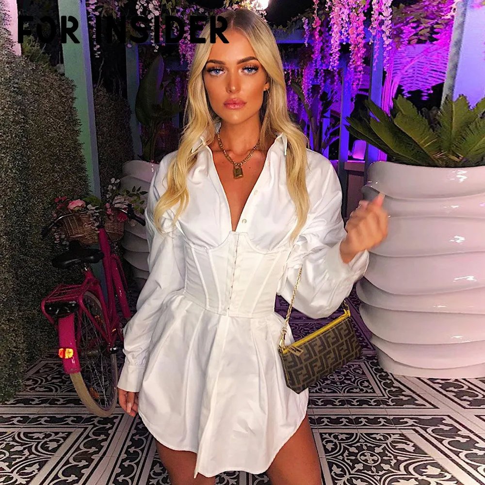 Белая рубашка с длинным рукавом мини платье женское элегантное офисное туника