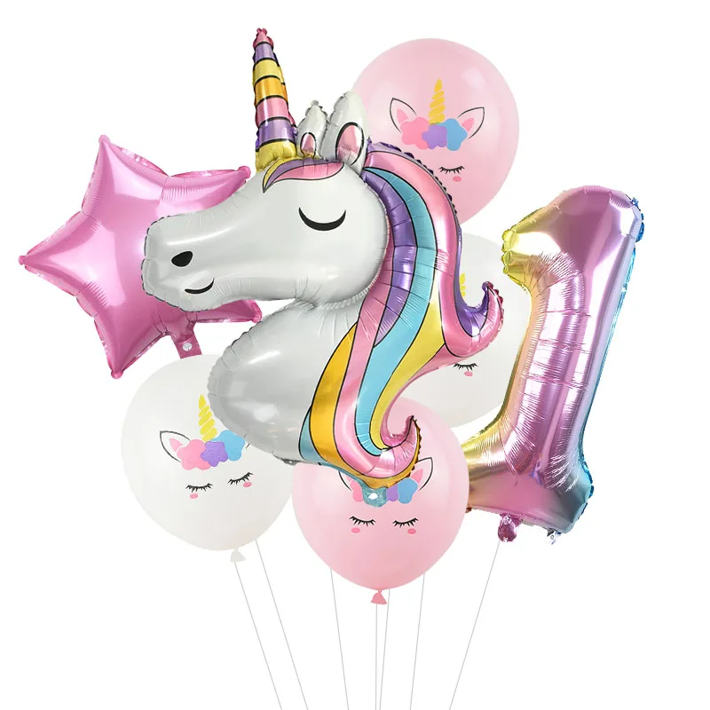 

7 Teile/los Regenbogen Einhorn Party Luftballons Einhorn Geburtstag Dekoration Anzahl Ballon Kinder Geburtstag Party-Baby-Dusche
