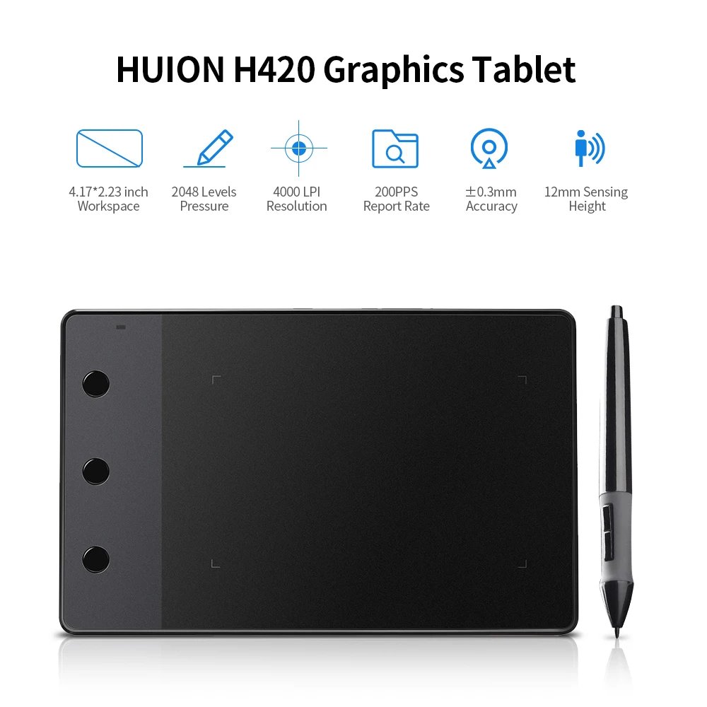 Графический планшет Huion H420 для рисования с 3 горячими клавишами 2048 уровней