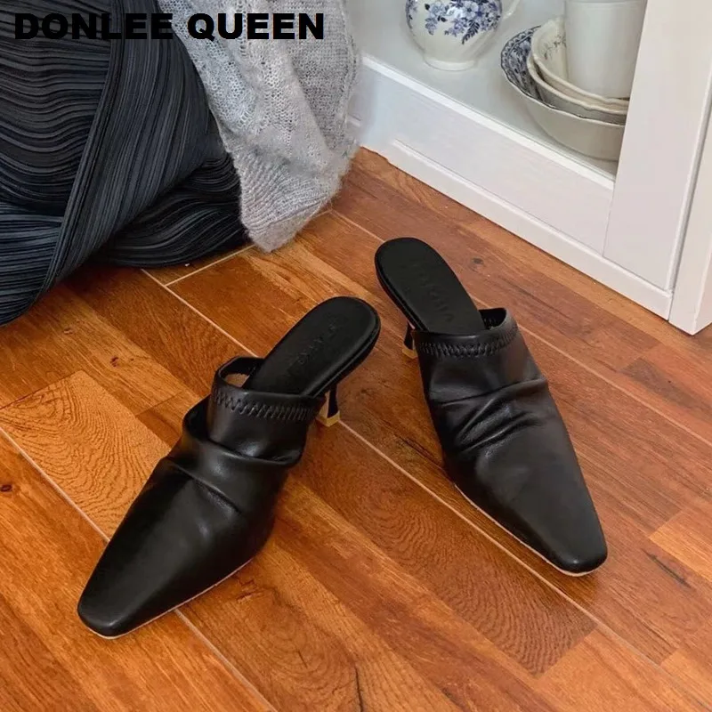 

Designer Women Slippers Slip on Slides Thin Heels Shoes Women Brand Pleated Mules Elegant Ladies Shoes Outdoor Slipper Mujer New