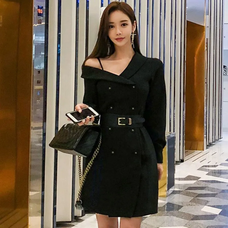 

ZAWFL Autumn winter Elegant Double Breasted Female Suit Dress Ruffle Long Sleeve Slim Waist Bodycon Mini Dress for Women 2021
