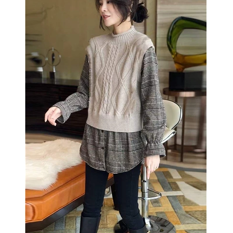 

Women's sweaters knitwear femme hiver 2021 y2k Korean style Tops zevity new year jerseys Stitching plaid sweater Oversized top