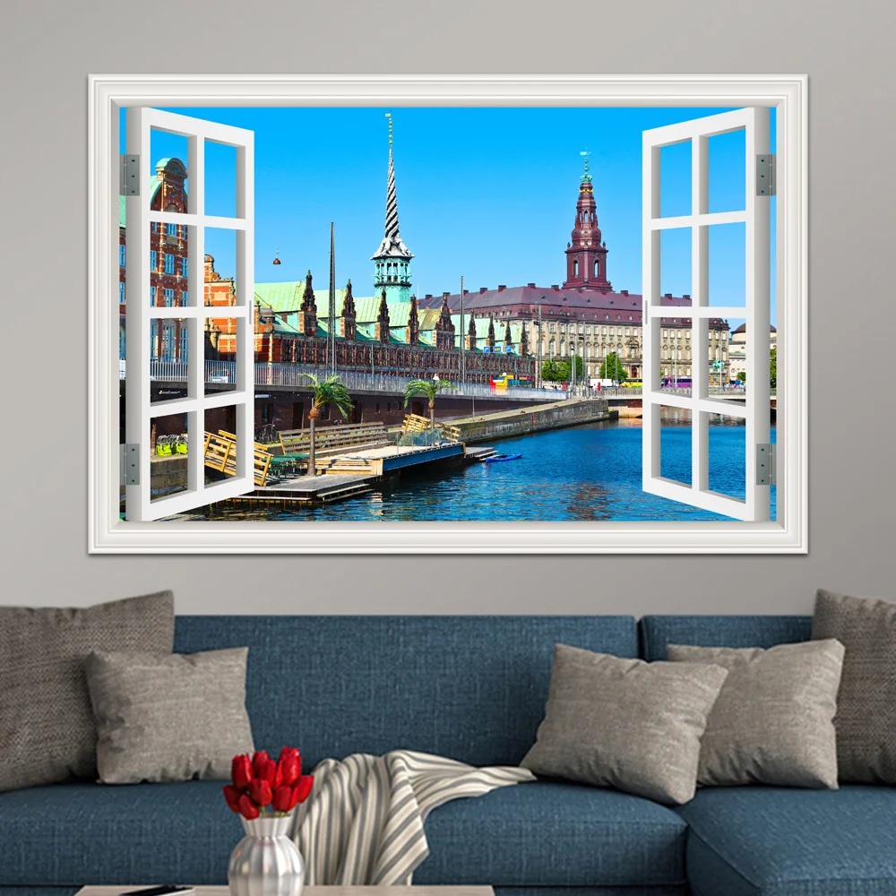 One piece Beautiful City Water Town Scenery 3D Window View Sticker Decal Vinyl Mural Wallpaper Wall PVC Room Decor | Дом и сад