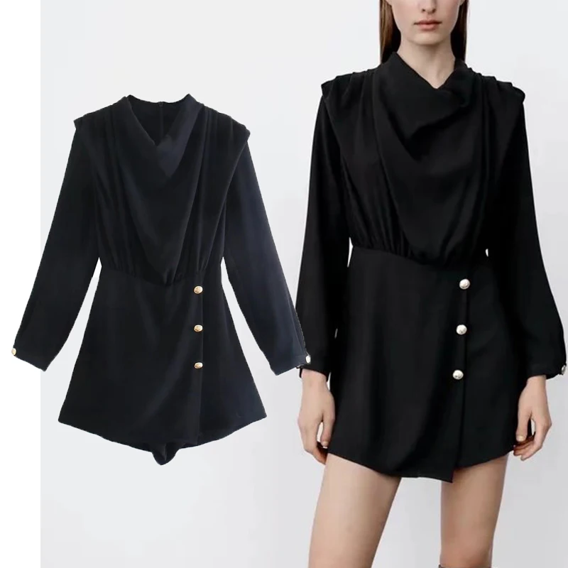 

ZA Ladies Short Jumpsuits 2022 Pile Collar Solid Fashion jumpsuit Zipper Long Sleeves High Waist Casual Women's Outwear