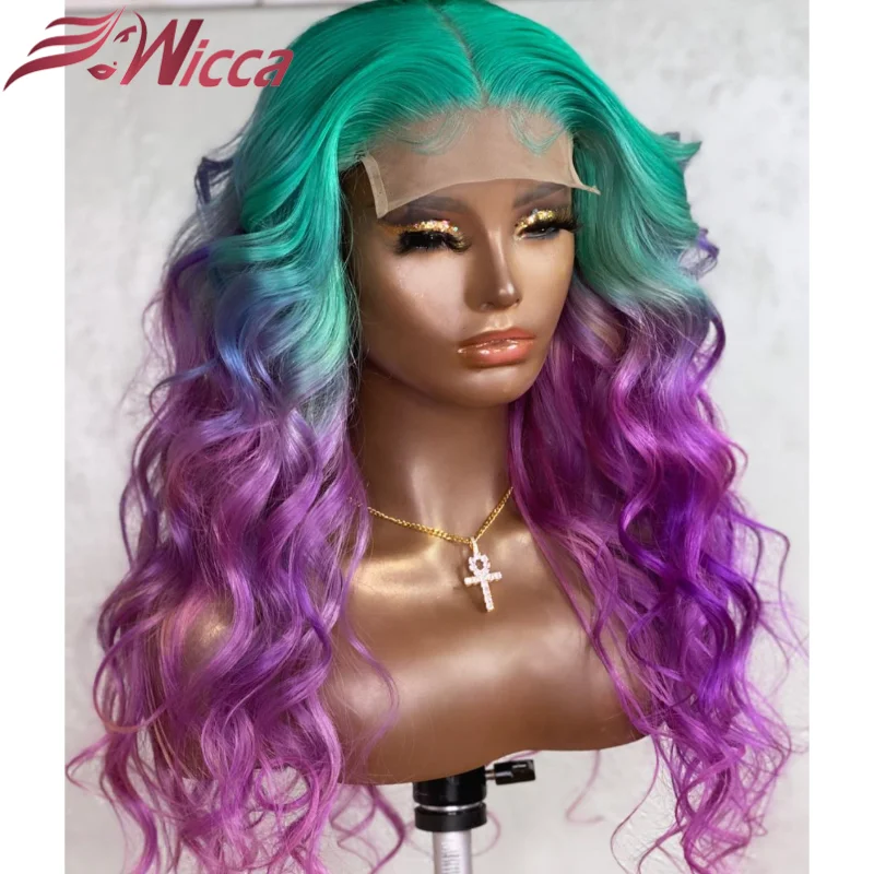 

613 Highlight Green & Purple Color Body Wave Wigs Pre Plucked Transparent Lace Front Human Hair Wigs For Women Remy 180 Density