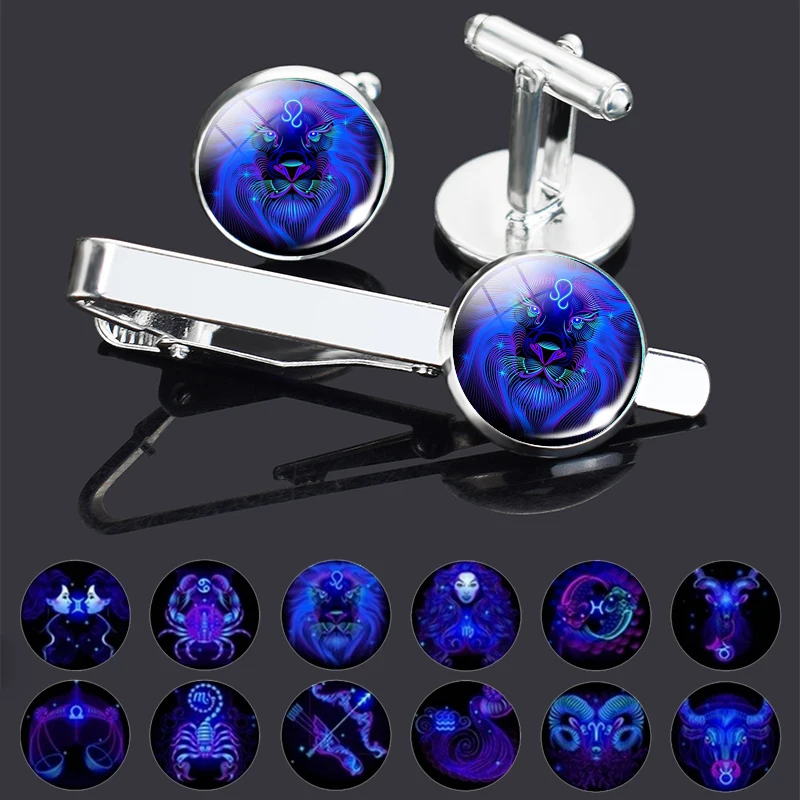 

12 Constellation Men Tie Clips Cufflinks Set Zodiac Glass Jewelry Gentleman Necktie Clip With Package Husband Birthday Gifts