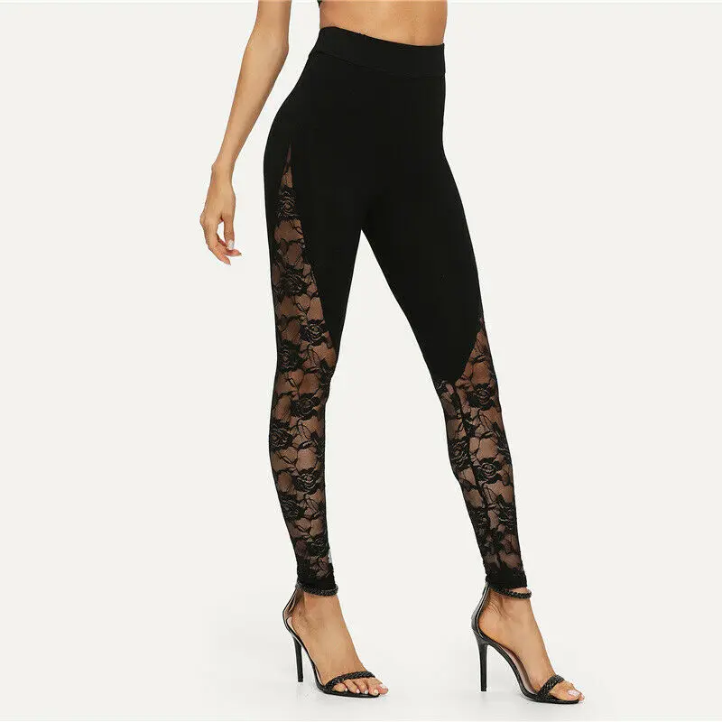 

Sexy High Waist Black Lace Leggings Women's Ladies Floral Lace Side Panel Cut Out Black Leggings Plus Size S M L 2XL
