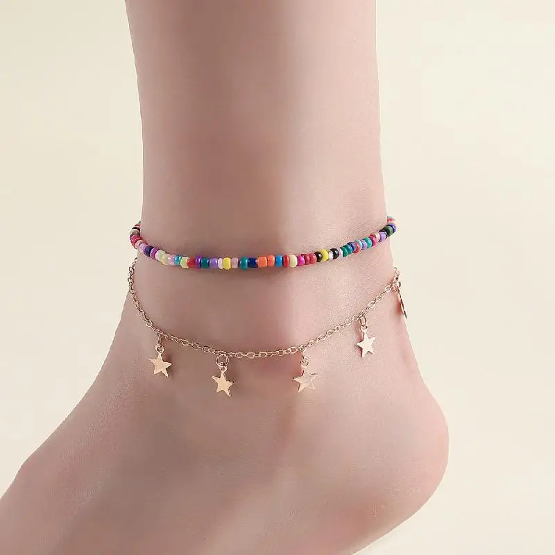 

Creative New Color Rice Beads Beach Star Foot Decoration Plane Five Pointed Star Pendant Double-layer Foot Chain Women's Set