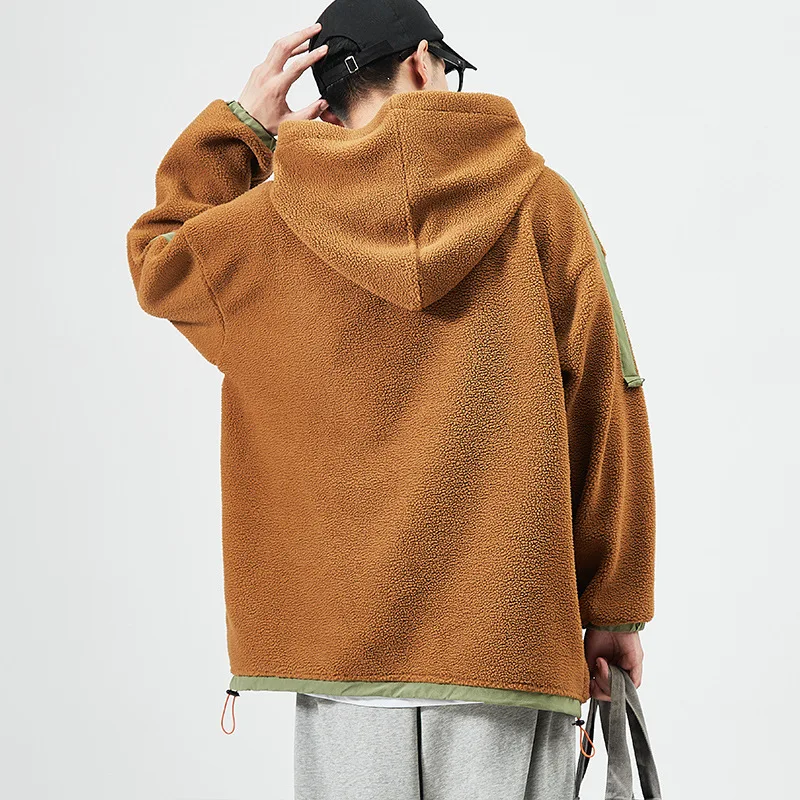 

2020 Fleece Hoodie Sweatshirts Winter Fashion Oversize Flannel Pullovers Thin Pocket Coat Brown Green Patchwork Color Casual