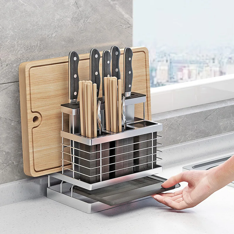 New 304 Stainless Steel 3 in 1 Kitchen Sink Stand Storage Rack for Knife Holder Cutlery Organizer Chopping Board Container Tools